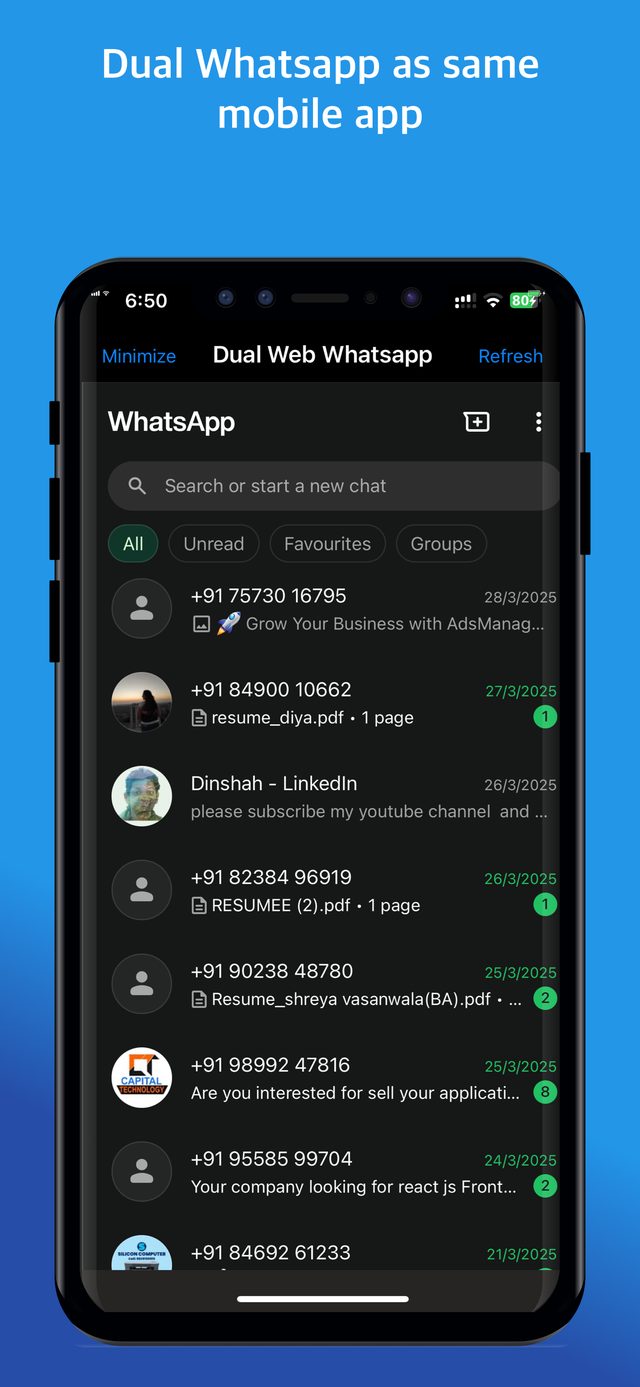 Dual WhatsApp screen inside the app showing a second WhatsApp Web chat list