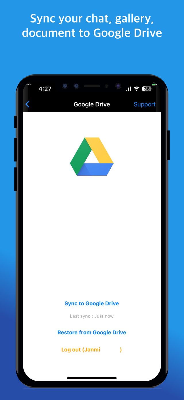 Google Drive sync screen with options to sync to Google Drive or restore a backup from Google Drive