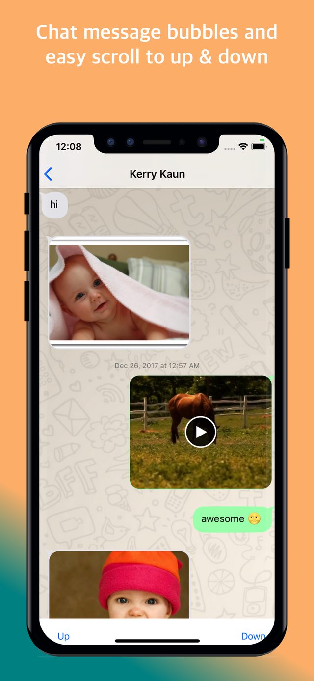 Backed-up WhatsApp conversation shown in familiar green and white chat bubbles with photos and video thumbnails