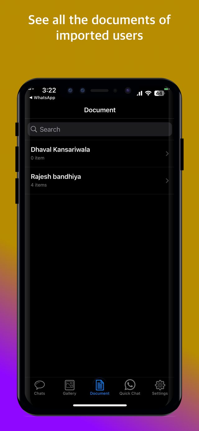 Document screen listing every imported WhatsApp contact and how many documents were backed up from their chat