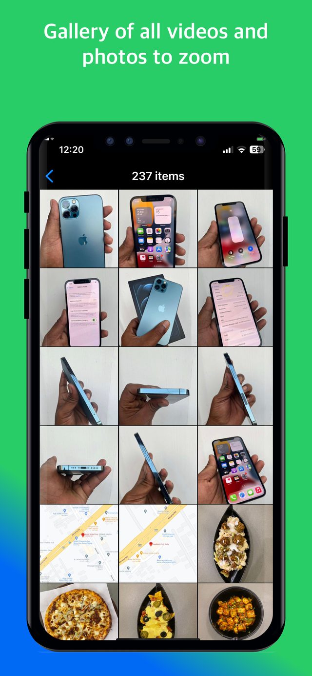 Gallery screen showing 237 backed-up WhatsApp photos and videos in a zoomable grid