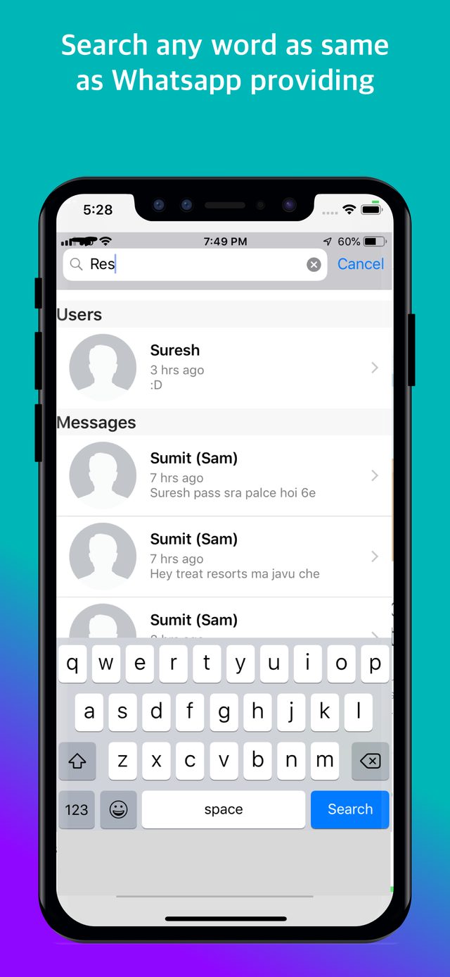 Search screen finding a matching WhatsApp contact and messages, the same way WhatsApp's own search works