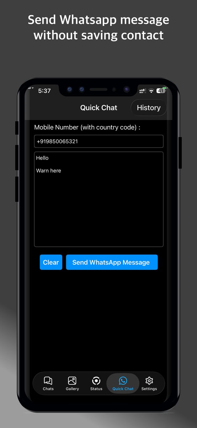 Quick Chat screen for sending a WhatsApp message to a phone number without saving it as a contact
