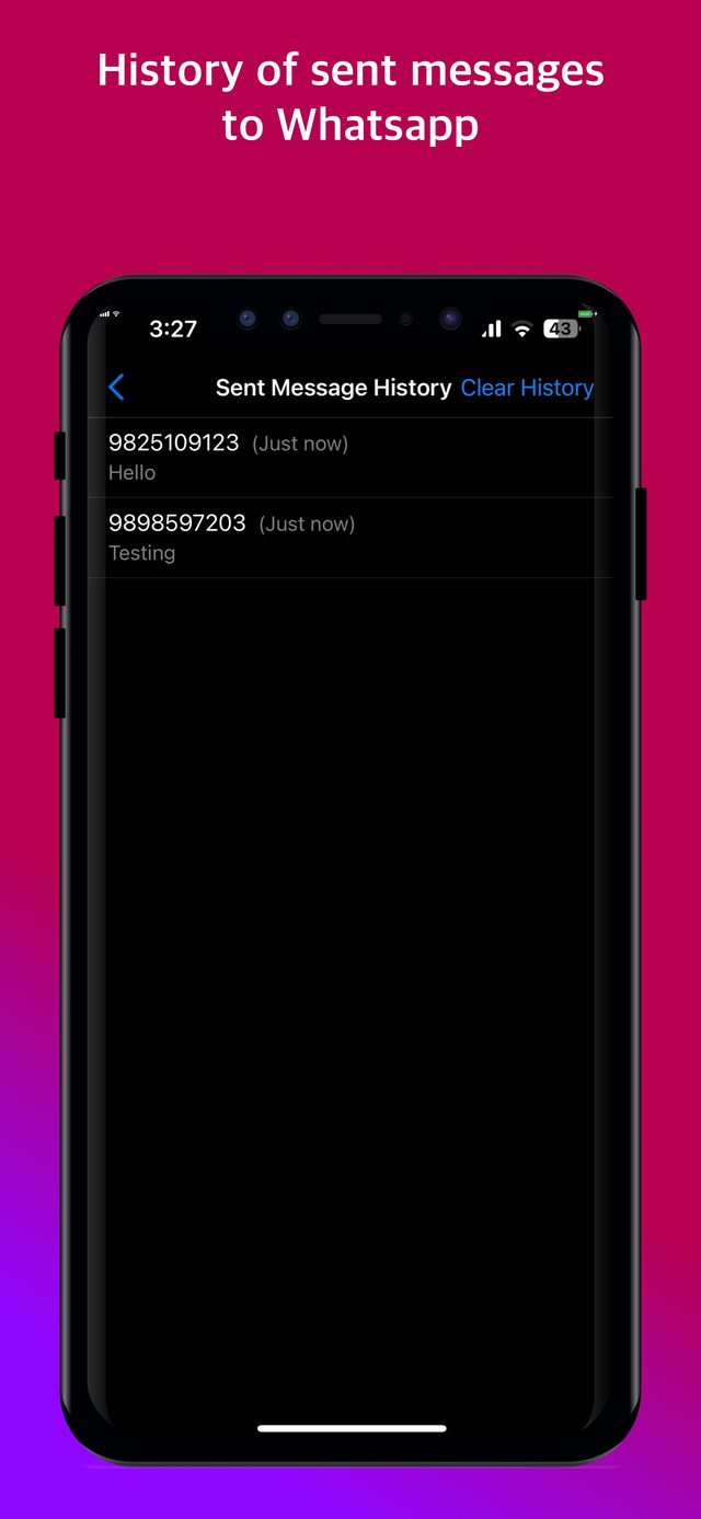 Sent Message History screen listing recent numbers and messages sent through Quick Chat