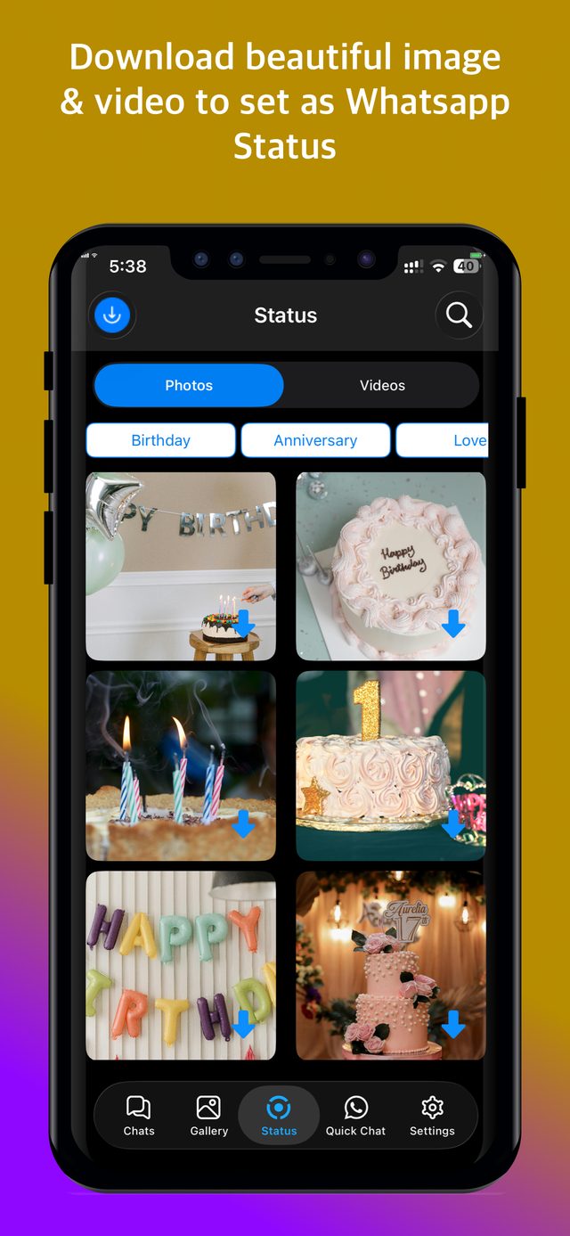 WhatsApp Status Saver screen with downloadable birthday, anniversary and love-themed photos and videos